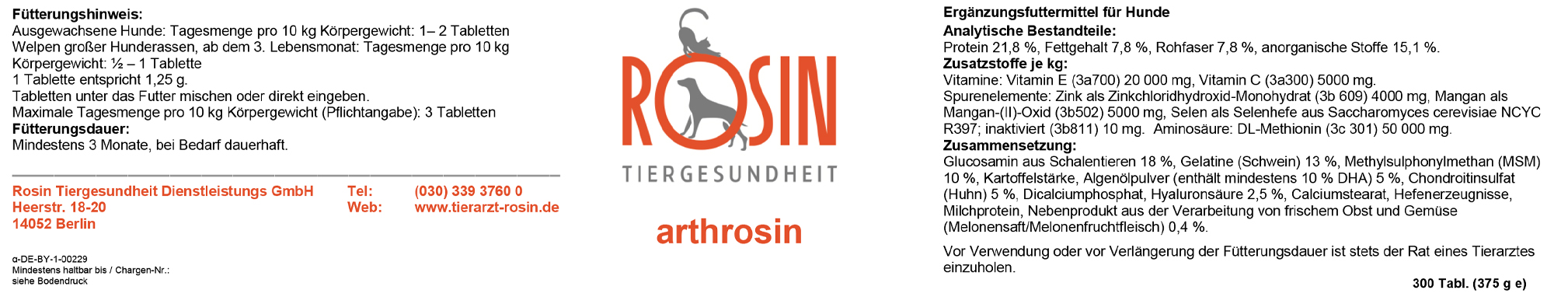 Tierarzt Rosin - Rosin Tiergesundheit - arthrosin - Ergänzungsfuttermittel für Hunde zur Unterstützung der Gelenksgesundheit 300